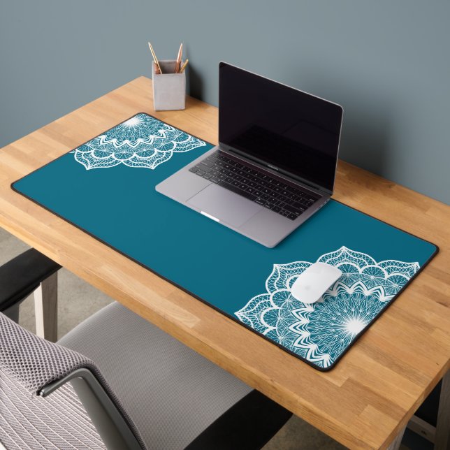 White Mandala on Blue Background Desk Mat (Office 2)