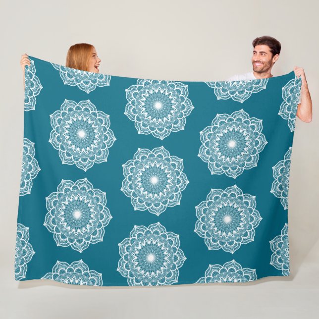 White Mandala on Blue Background Fleece Blanket (In Situ)