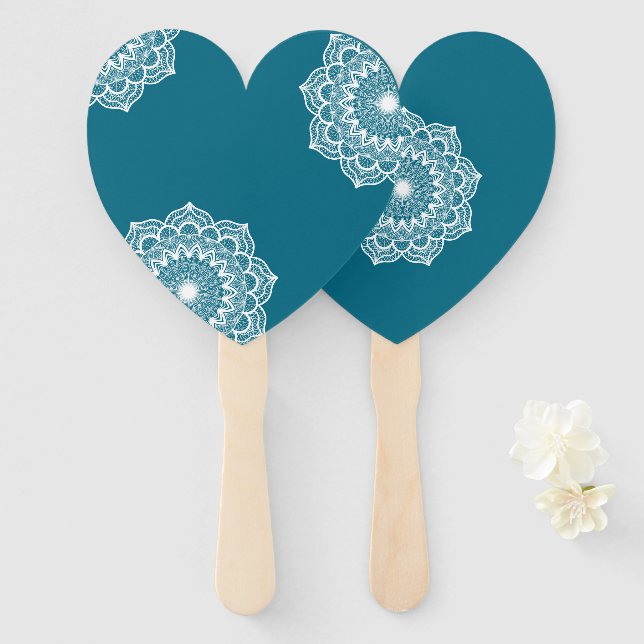 White Mandala on Blue Background Hand Fan (Front and Back)