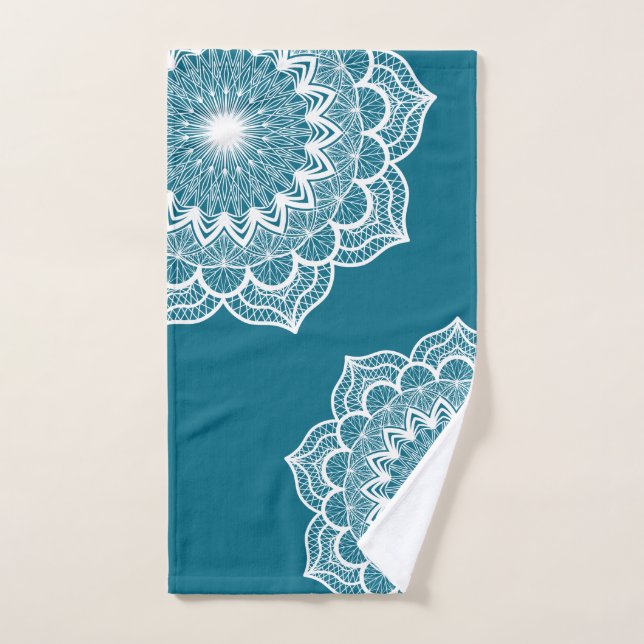 White Mandala on Blue Background Hand Towel (Hand Towel)