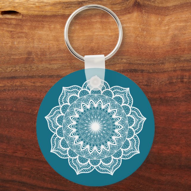 White Mandala on Blue Background Key Ring (Front)