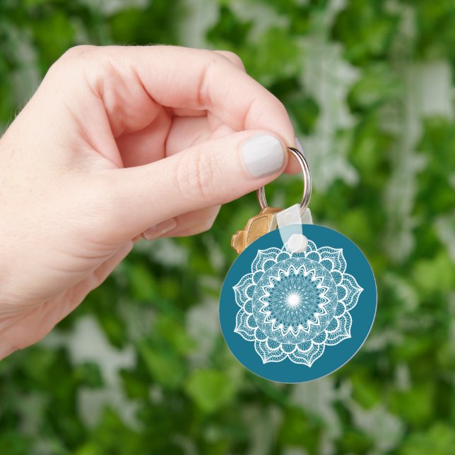 White Mandala on Blue Background Key Ring (Hand)
