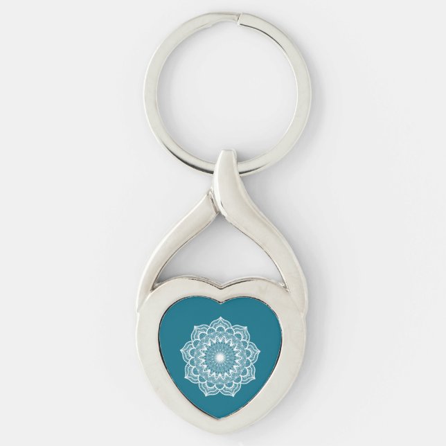 White Mandala on Blue Background Key Ring (Front)
