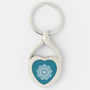 White mandala on blue background Metal Keychain