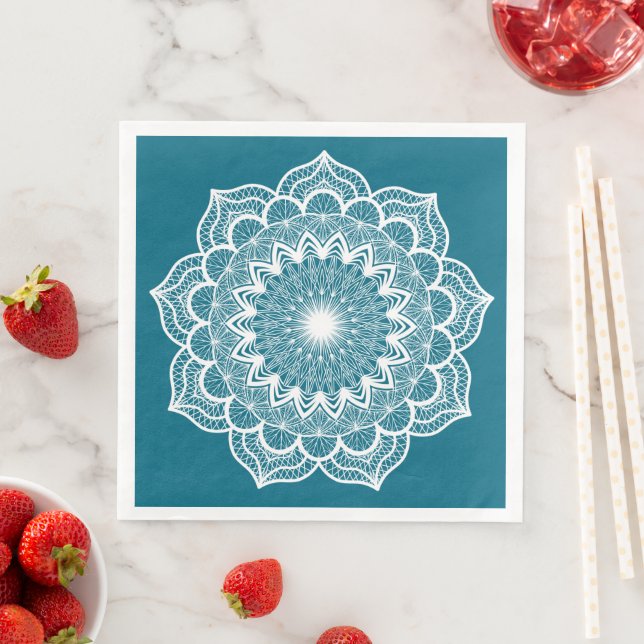 White Mandala on Blue Background Napkin (Insitu)