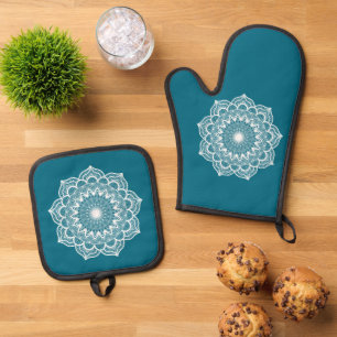 White Mandala on Blue Background Oven Mitt & Pot Holder Set
