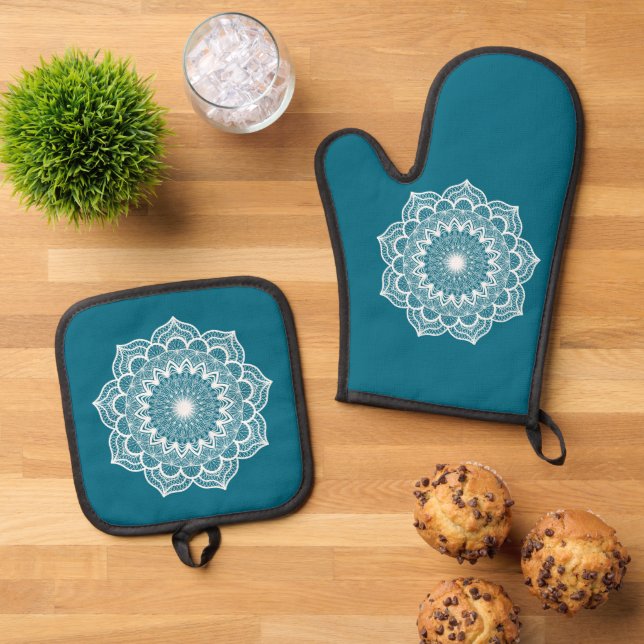 White Mandala on Blue Background Oven Mitt & Pot Holder Set (Top Down)