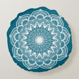 White Mandala on Blue Background Round Cushion
