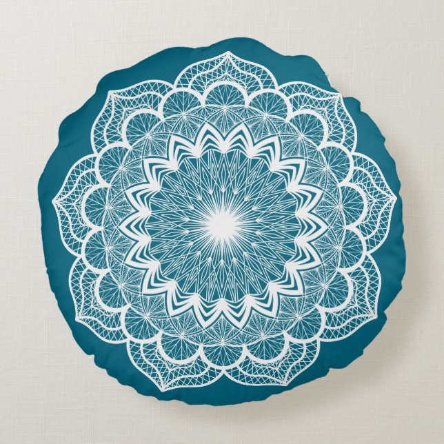 White Mandala on Blue Background Round Cushion (Back)