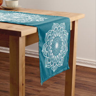 White Mandala on Blue Background Short Table Runner