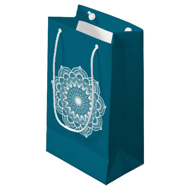 White Mandala on Blue Background Small Gift Bag (Front Angled)