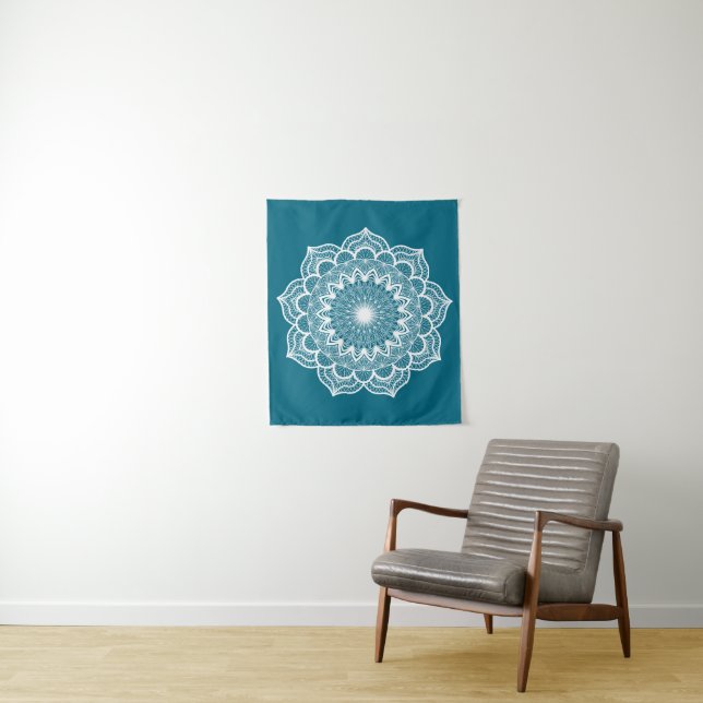 White Mandala on Blue Background Small Tapestry (In Situ)