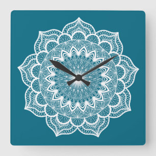 White Mandala on Blue Background Square Wall Clock
