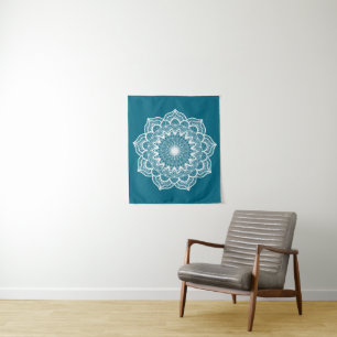 White Mandala on Blue Background Tapestry