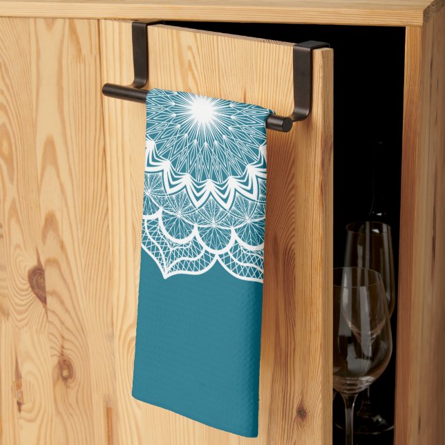 White Mandala on Blue Background Tea Towel (Thirds Fold)
