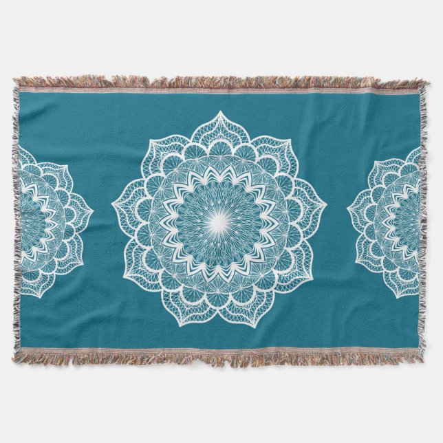 White Mandala on Blue Background Throw Blanket (Front)