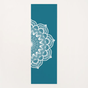 White Mandala on Blue Background Yoga Mat