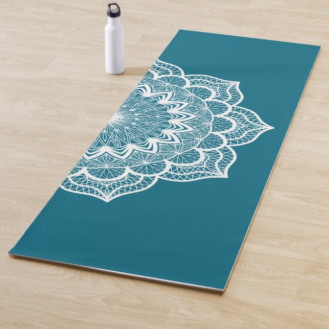 White Mandala on Blue Background Yoga Mat (In Situ)