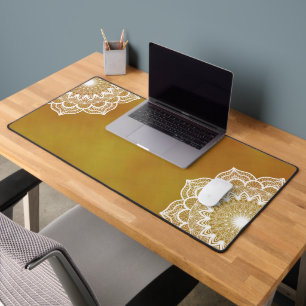 White Mandala on Gold Background Desk Mat