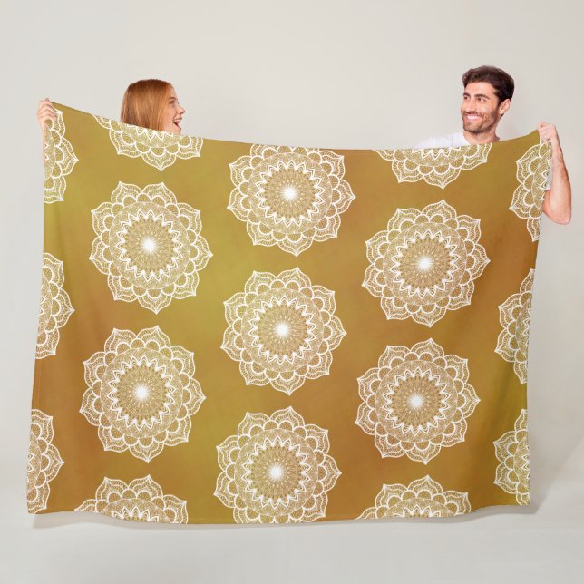 White Mandala on Gold Background Fleece Blanket (In Situ)