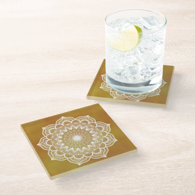 White Mandala on Gold Background Glass Coaster (Angled)