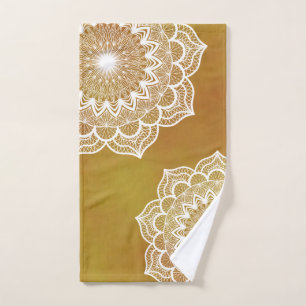 White Mandala on Gold Background Hand Towel