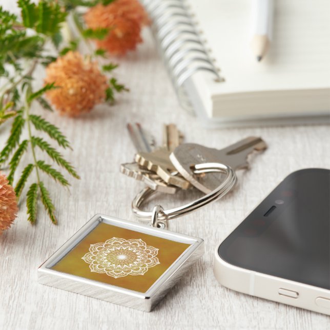 White Mandala on Gold Background Key Ring (Side)