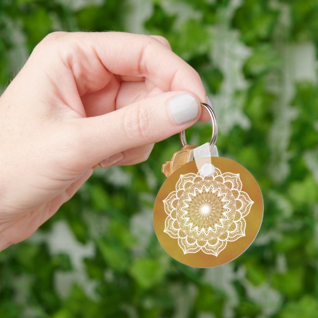 White Mandala on Gold Background Key Ring (Hand)
