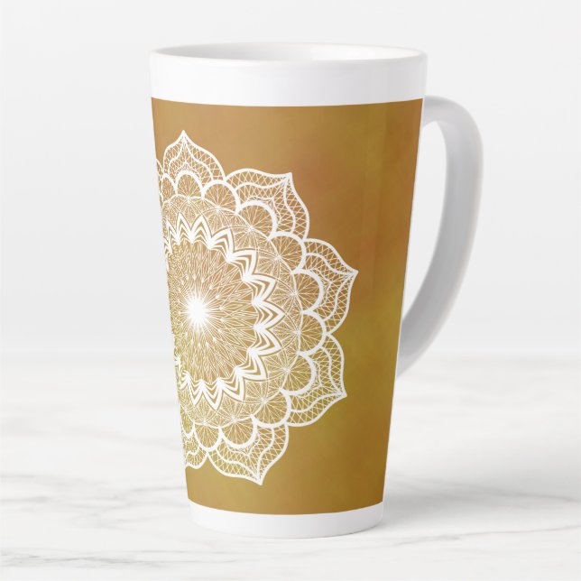 White Mandala on Gold Background Latte Mug (Right Angle)