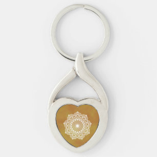 White mandala on gold background Metal Keychain