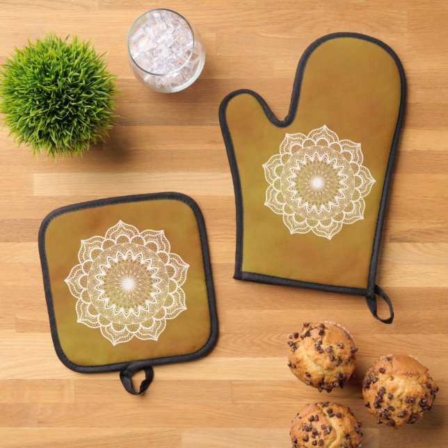 White Mandala on Gold Background Oven Mitt & Pot Holder Set (Top Down)