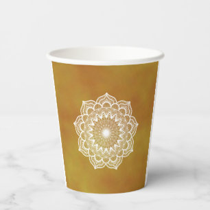 White Mandala on Gold Background Paper Cups
