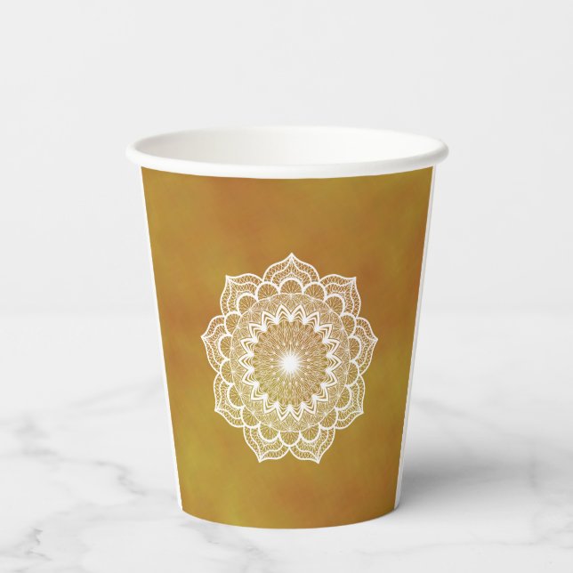 White Mandala on Gold Background Paper Cups (Back)