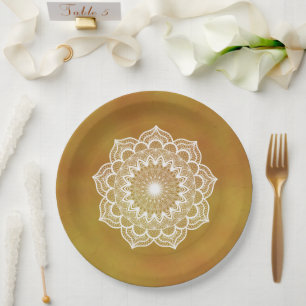 White Mandala on Gold Background Paper Plate