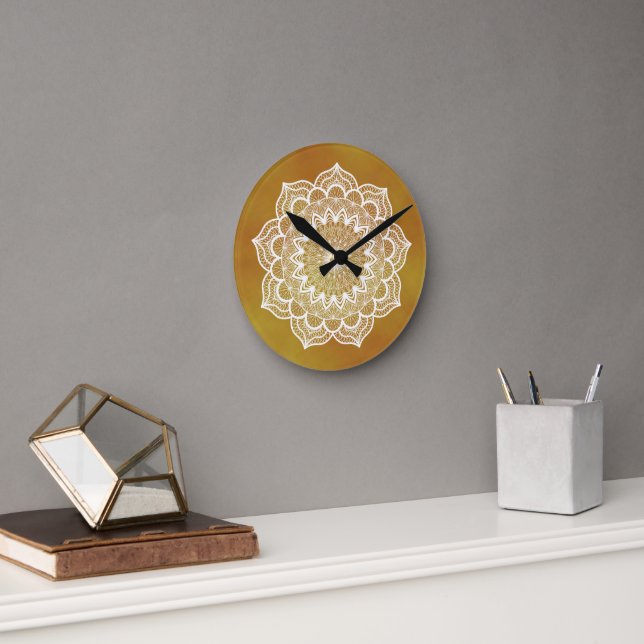 White Mandala on Gold Background Round Clock (Office)