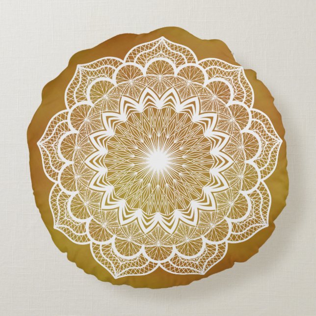 White Mandala on Gold Background Round Cushion (Back)