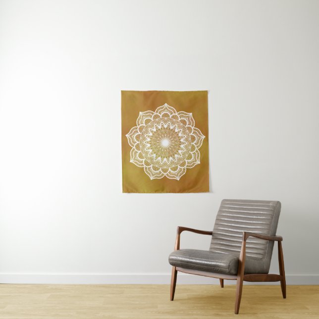 White Mandala on Gold Background Tapestry (In Situ)