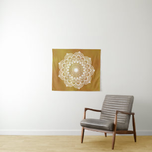 White Mandala on Gold Background Tapestry