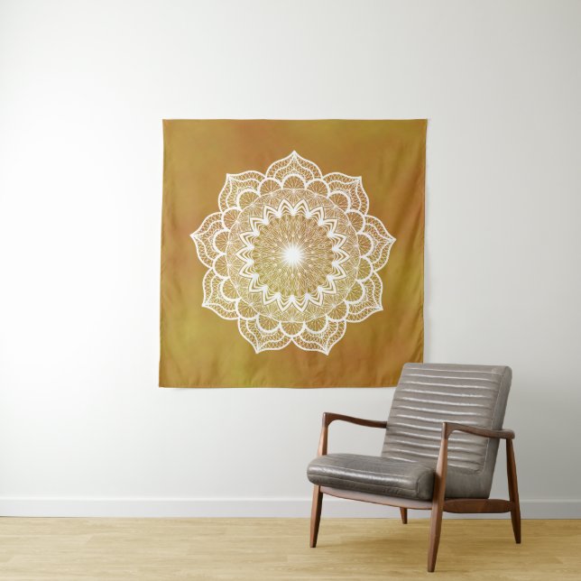 White Mandala on Gold Background Tapestry (In Situ)