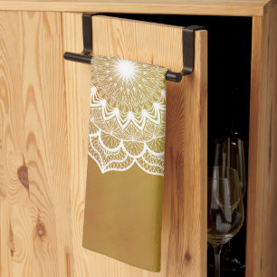 White Mandala on Gold Background Tea Towel