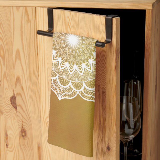 White Mandala on Gold Background Tea Towel (Thirds Fold)
