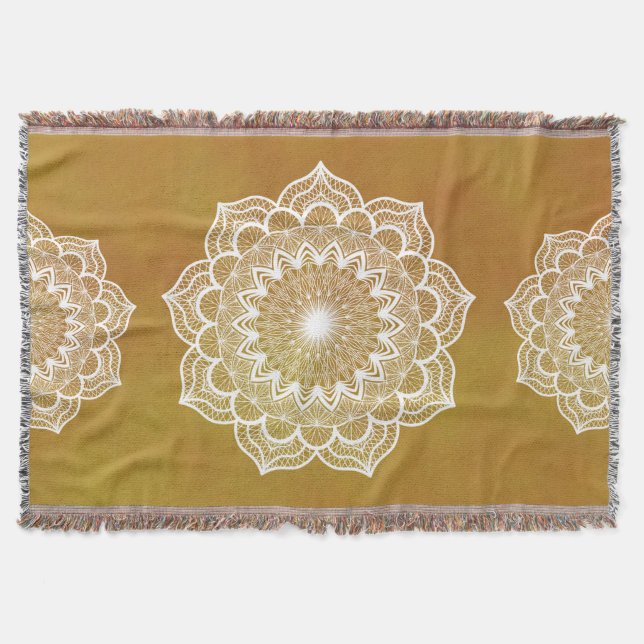 White Mandala on Gold Background Throw Blanket (Front)
