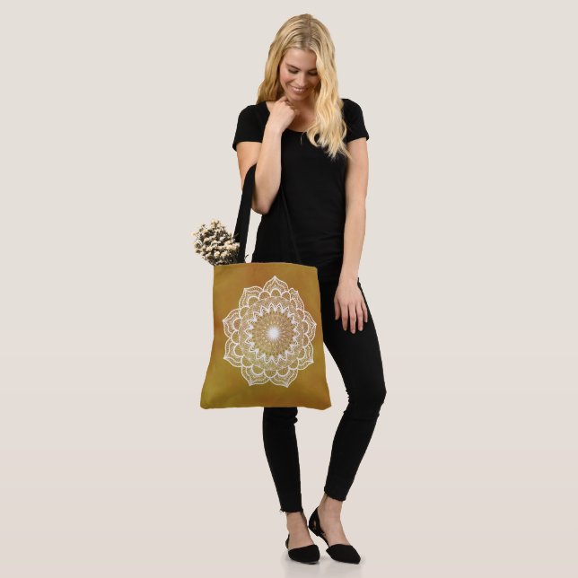 White Mandala on Gold Background Tote Bag (On Model)