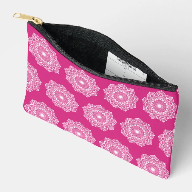 White Mandala on Pink Background Accessory Pouch (Open)