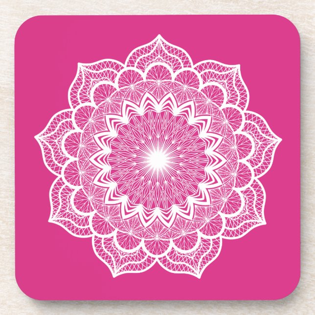 White Mandala on Pink Background Coaster (Front)