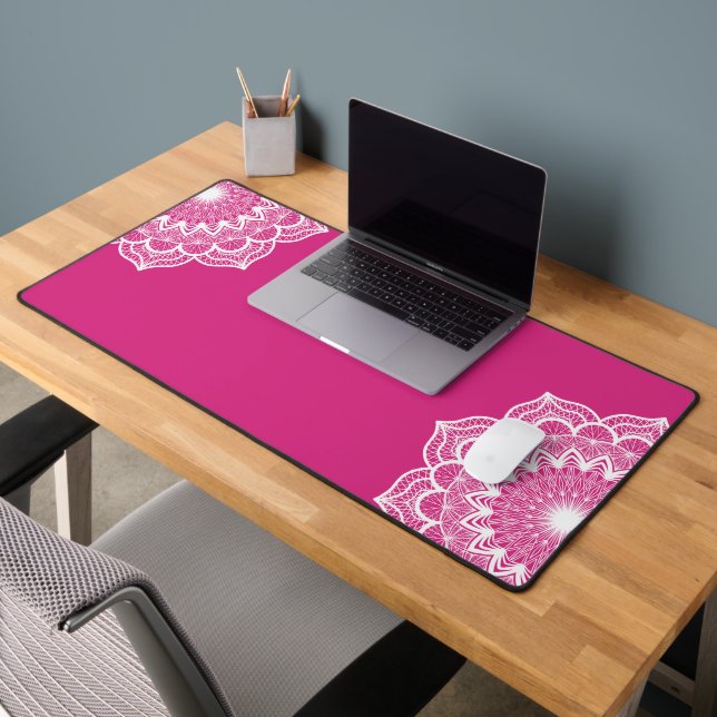 White Mandala on Pink Background Desk Mat (Office 2)