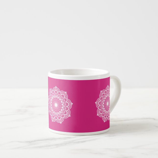 White Mandala on Pink Background Espresso Cup (Front Right)