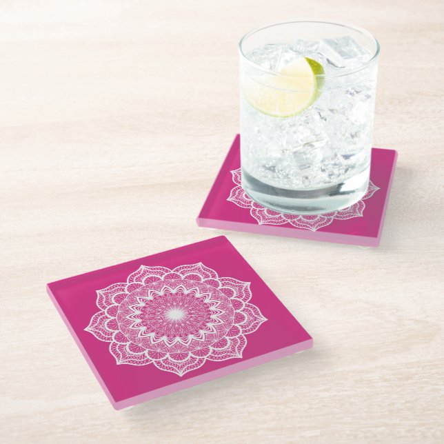 White Mandala on Pink Background Glass Coaster (Angled)