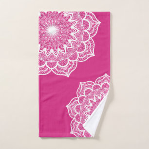 White Mandala on Pink Background Hand Towel