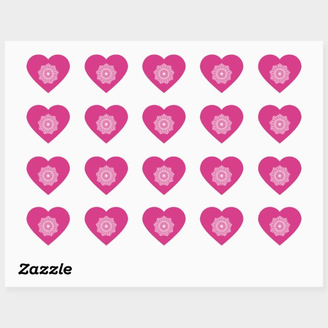 White Mandala on Pink Background Heart Sticker (Sheet)